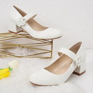 RSXSES Mary Jane White Comfy Leather Round Toe Chunky Block Heels Size 9.5M NWT